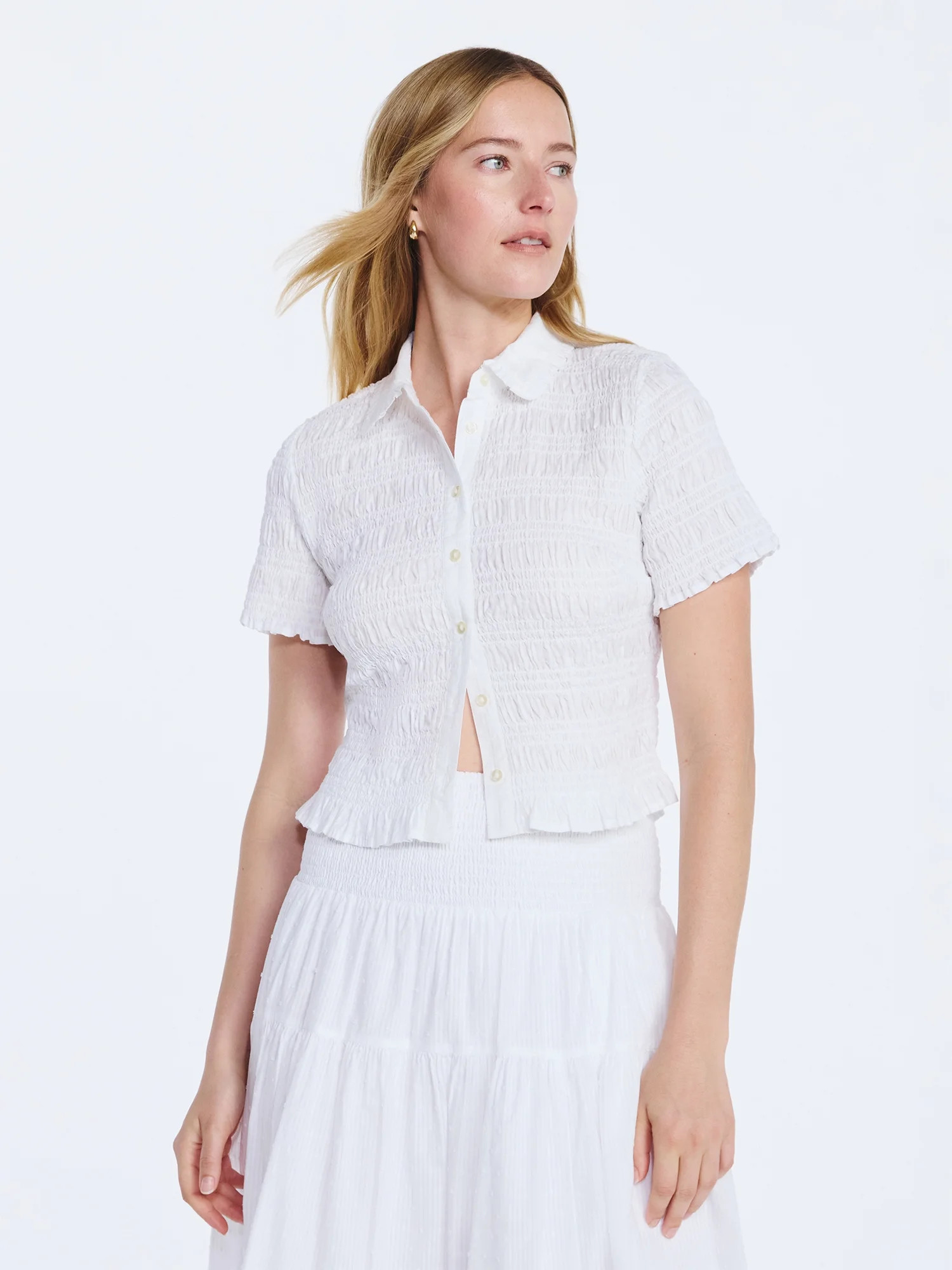 Free Assembly Women's Smocked Cotton Button Front Shirt with Short Sleeves XS-XXL | Walmart (US)