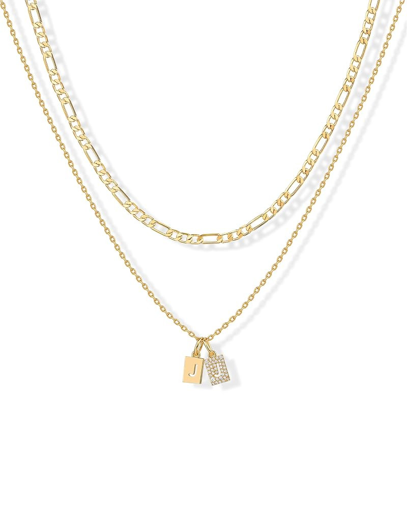 PAVOI 14K Gold Plated Initial Letter Double Dog Tag Pendant Necklace | Dainty Cubic Zirconia Lett... | Amazon (US)