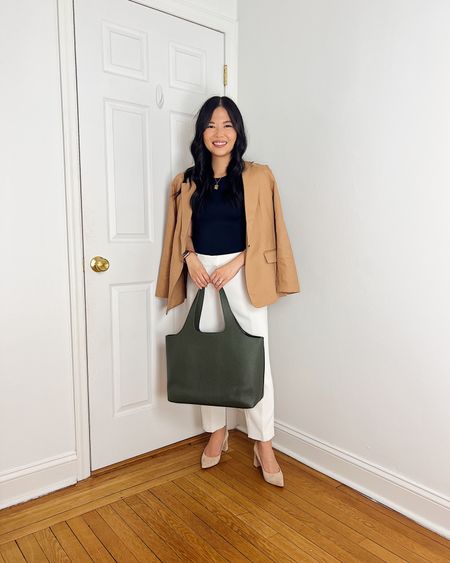 Camel blazer (2)
Black tank top (XS)
White pants (4P)
Olive green tote bag 
Cuyana Sustem tote bag
Beige pumps
Business casual outfit 
Smart casual outfit 
Neutral outfit 
Spring work outfit 
Loft outfit 


#LTKsalealert #LTKstyletip #LTKworkwear