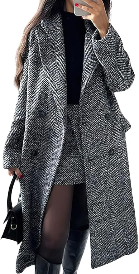 chouyatou Women's Winter Casual Herringbone Wool Coat Double Breasted Notch Collar Dressy Long Tr... | Amazon (US)