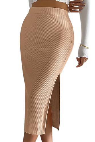 ZOYEESHINE Women’s Side Slit Casual Rib Knit Pencil Skirt High Waist Pleated Stretchy Bodycon Midi Skirts(Small,Camel) | Amazon (US)