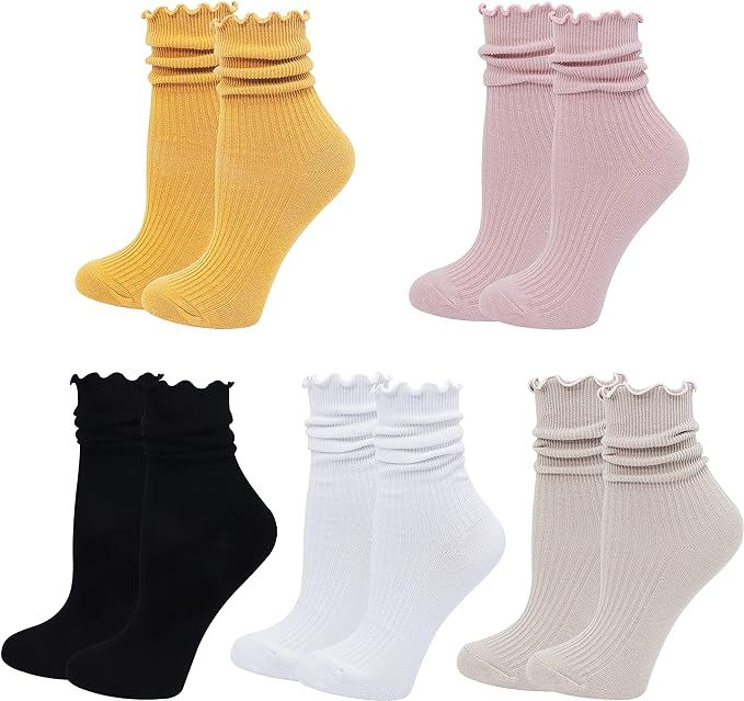 Bienvenu Ruffle Slouch Socks for Women, Cute Cotton Crew Socks, Frilly Novelty Knit Socks 5 Pairs | Amazon (US)
