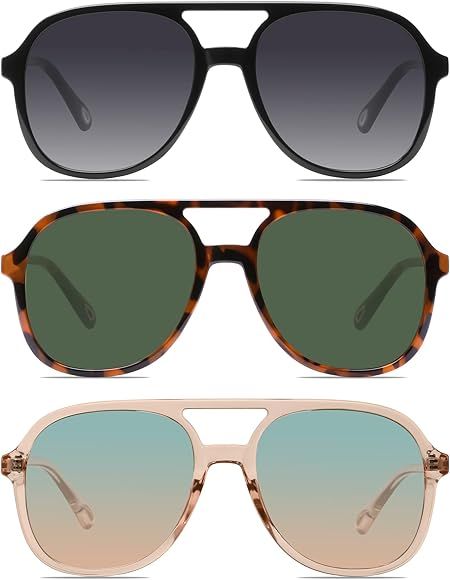 YDAOWKN Retro Square Aviator Sunglasses for Womens Mens Vintage 70s Double Bridge Sun Glasses | Amazon (US)