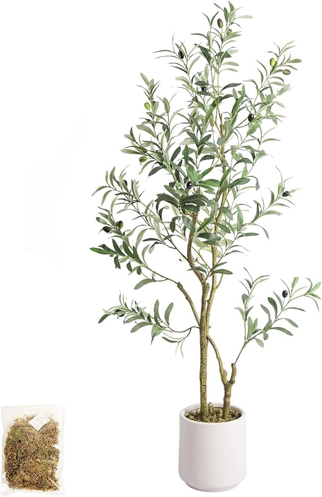 Artificial Fake Olive Tree 4FT Tall 1Pack with White Planter Faux Silk Olive Tree for Home Living... | Amazon (US)
