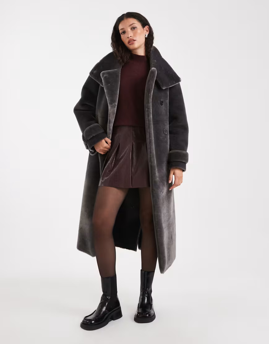 ASOS DESIGN longline cozy teddy funnel neck coat in charcoal-Gray | ASOS (Global)