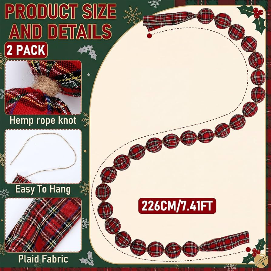 2 Pcs 7.41' Christmas Red Tartan Plaid Ball Garland for Xmas Decor | Amazon (US)