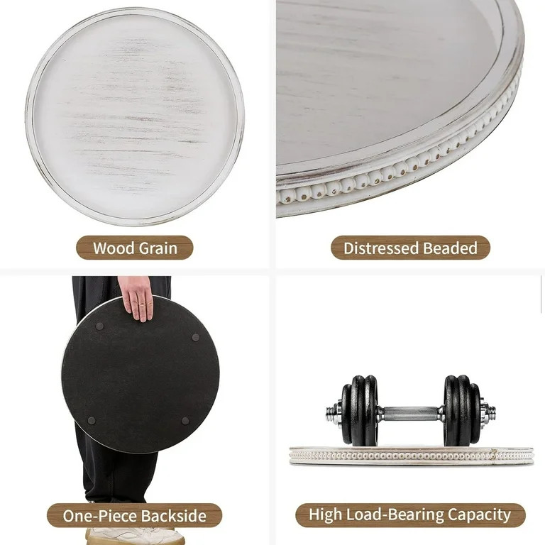Hanobe Decorative Tray 17.7" Round Wood Bead Trays for Table Whitewashed | Walmart (US)