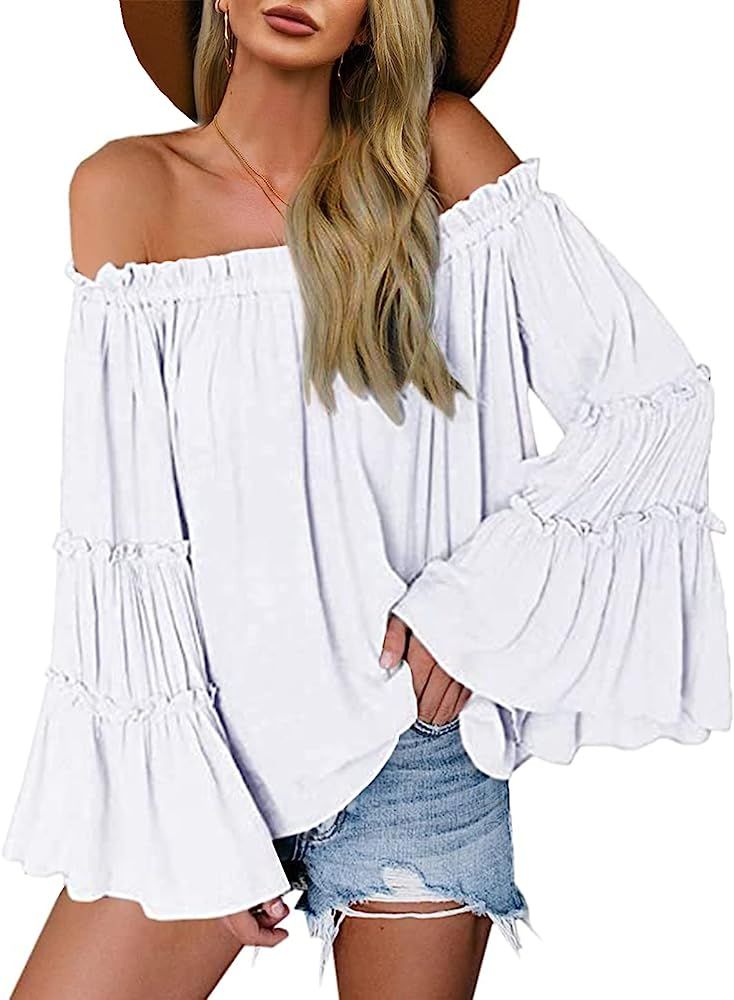 Womens Off The Shoulder Long Bell Sleeve Tops Flared Casual Loose Blouse | Amazon (US)