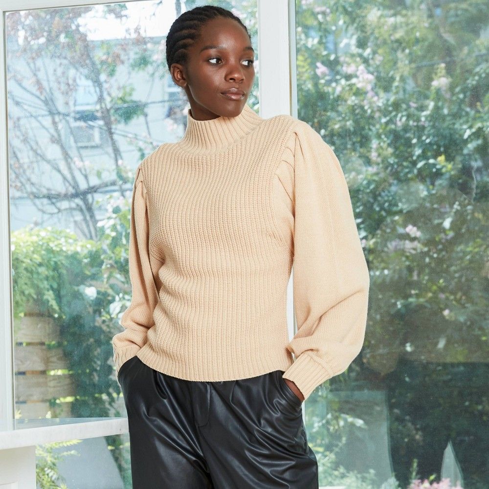 Women's Mock Turtleneck Chunky Pleat Sleeve Pullover Sweater - Prologue™ | Target