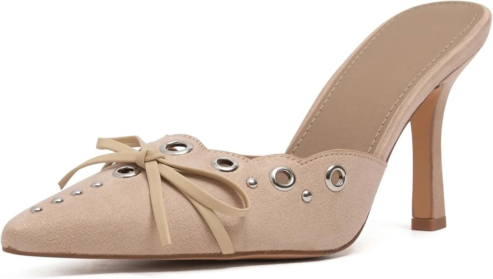 Women Pointed Toe Bow Heels Mules Slip on Stiletto Heels Sandals Dress Party Wedding Studded Heel... | Amazon (US)