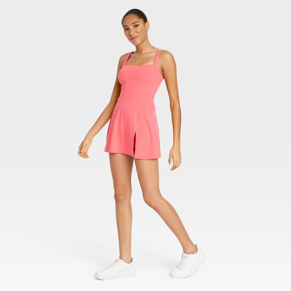 Women's Knit Squareneck Slit Active Dress - JoyLab™ Coral Orange M: Midweight Sleeveless Fit wi... | Target