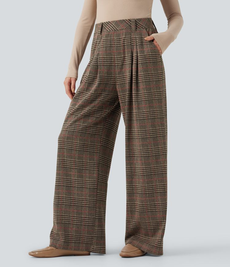 Women’s High Waisted Pocket Wide Leg Houndstooth Plaid Casual Pants - Halara | HALARA