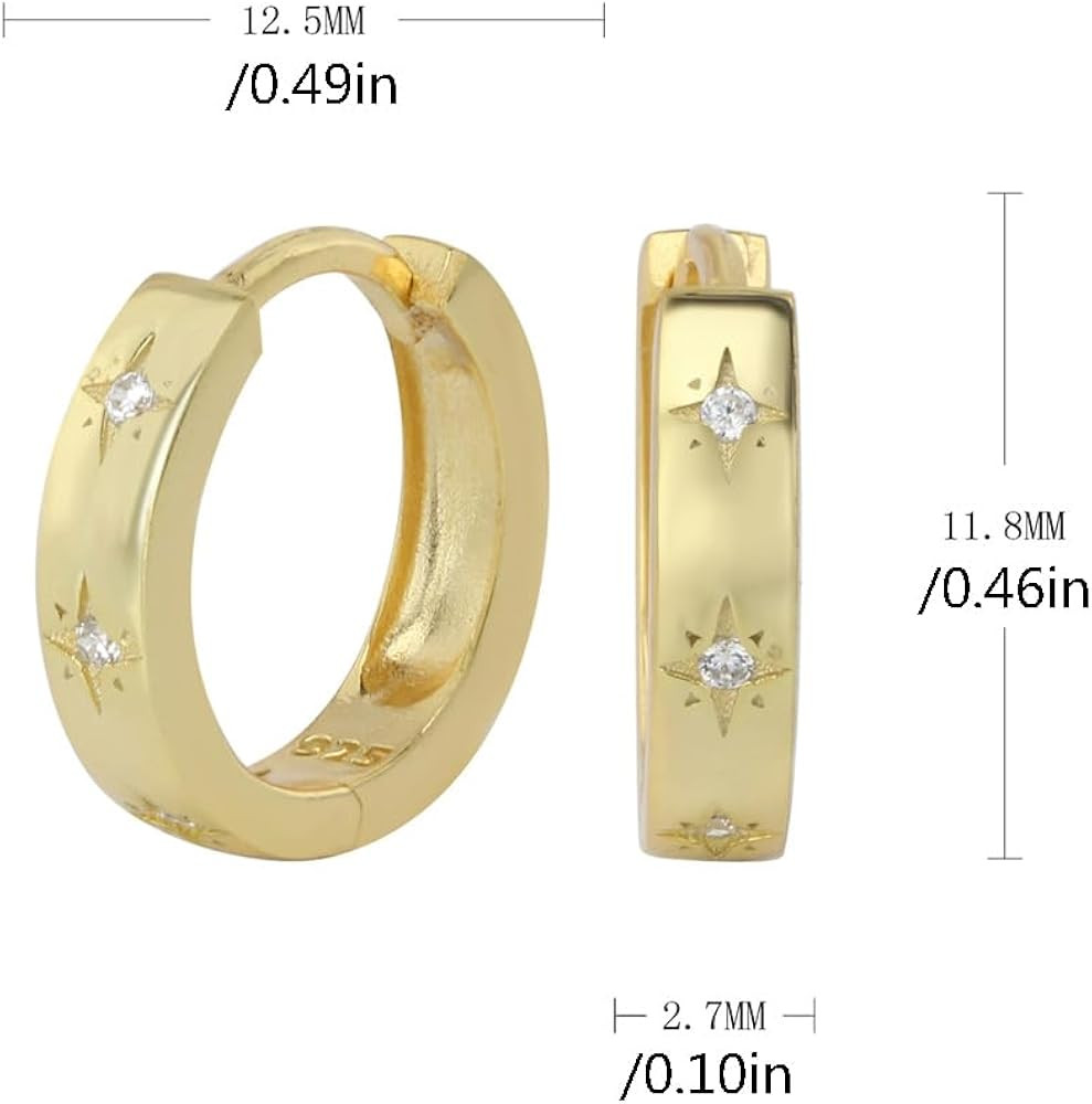 Minimalist CZ Star 925 Sterling Silver Thick Small Hoop Earrings for Women Men Sensitive Ear Dain... | Amazon (US)