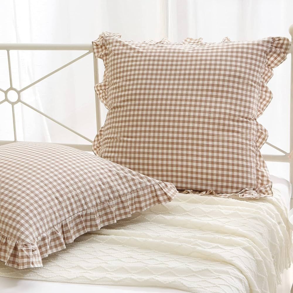 2 Pack Brown White Plaid Ruffle Euro Pillow Shams 26x26 inches, Washed Cotton Gingham Checkered F... | Amazon (US)