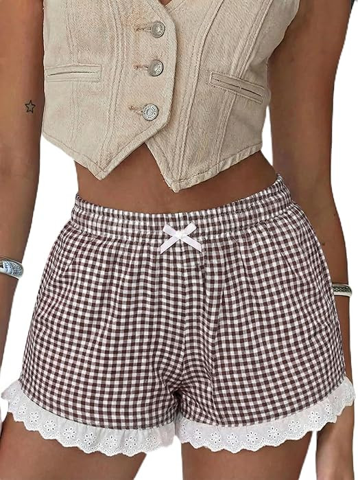 Boxer Shorts for Women Pajama Gingham Shorts Casual Lounge Sleep Plaid Y2K Beach Bottoms for 2026... | Amazon (US)