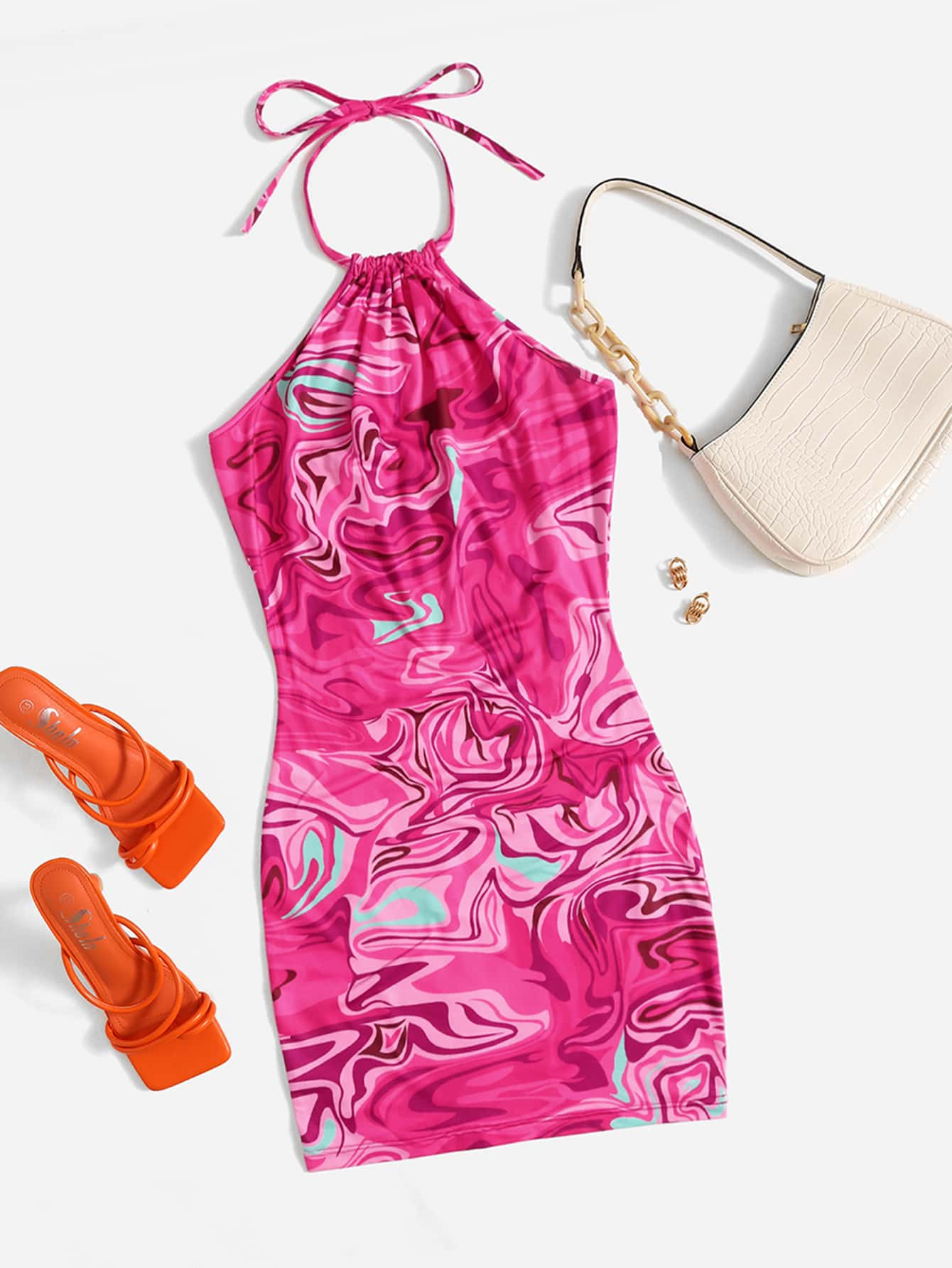 SHEIN ICON 90s Marble Print Ruched Halter Dress | SHEIN