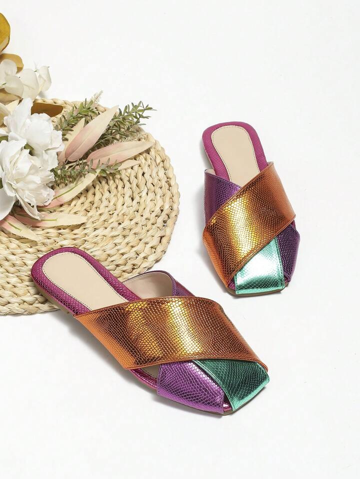 Funky Mule Flats For Women, Colorblock Snakeskin Embossed Square Toe Flats | SHEIN