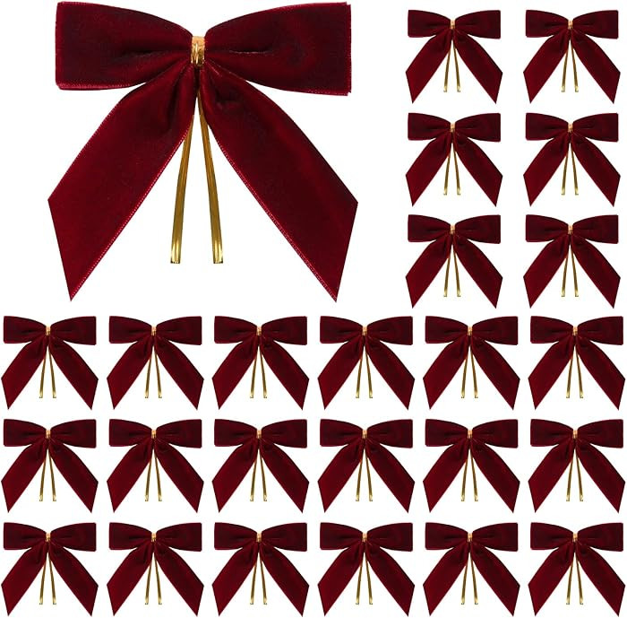 24 Pcs Burgundy Small Velvet Christmas Bows for Christmas Tree, Wreath, Gift Wrapping, Crafts, We... | Amazon (US)