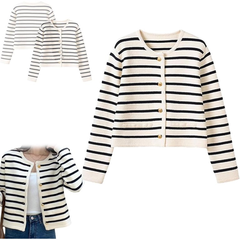 Lady Patch Pocket Cardigan, Stripe Knitted Cropped Gold Buttons Long Sleeve Round Neck Open Front... | Walmart (US)
