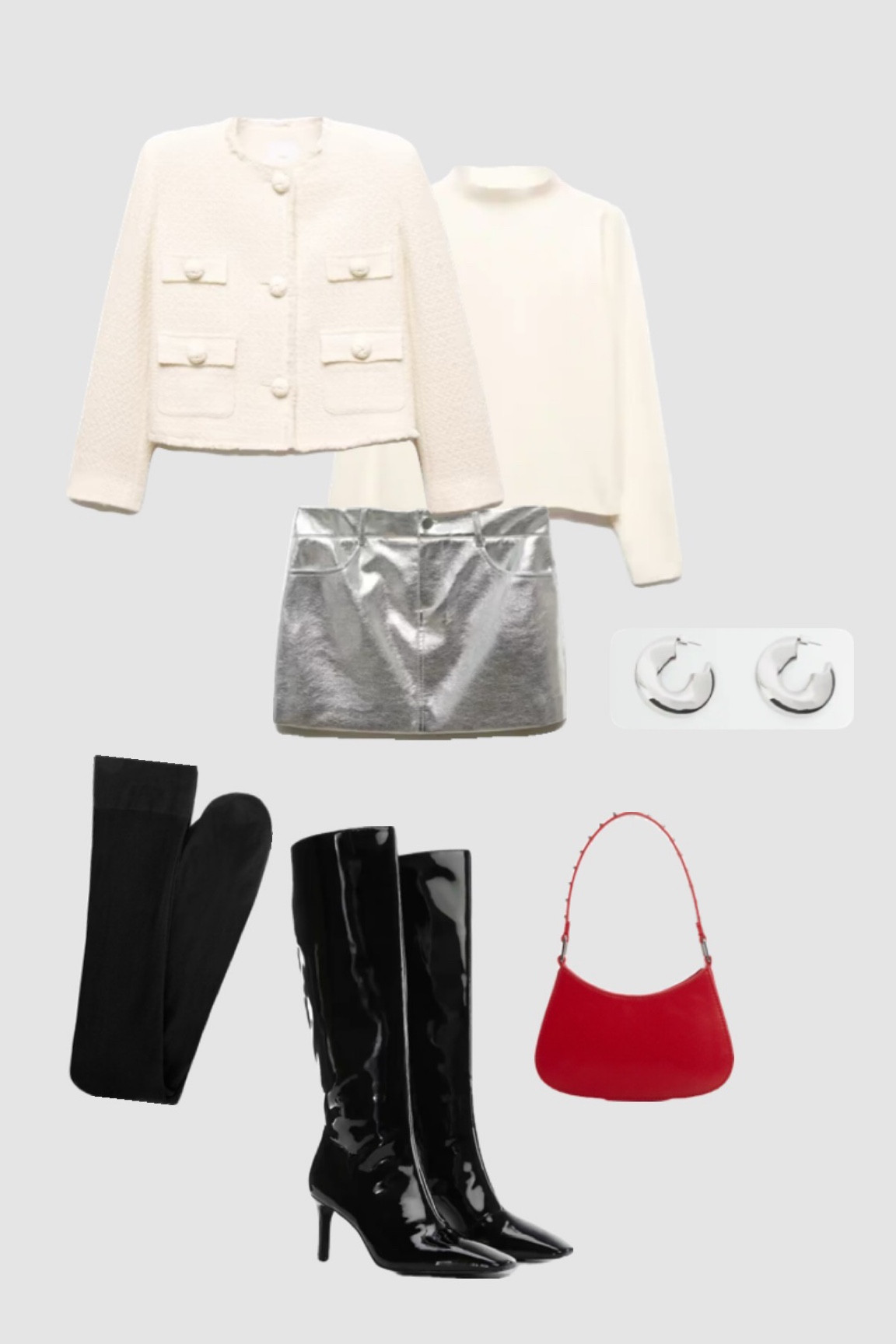 Showstopper Evening Ensemble: Metallic Silver Skirt, Knee-High Boots, and Cream Jacket

Turn heads at your holiday party or dressy date night with this stunning outfit! Featuring a metallic silver mini skirt, knee-high boots, and a chic cream crewneck button jacket. Complete the look with a red handbag for that perfect pop of color. For fashion-forward women who love to make a statement. ✨👢👜 #EveningOutfit #FashionForward #TrendingStyle 