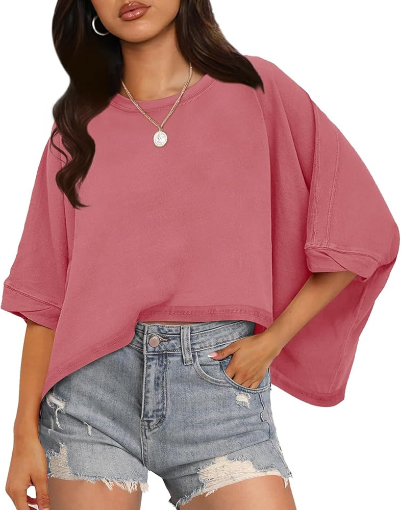 WIHOLL Crop Tops for Women Short Sleeve Crewneck Tops Oversized Tshirts Casual Summer | Amazon (US)