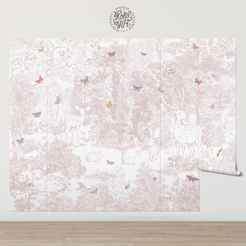 Heirloom Forest Wallpaper Mural – Pink Woodland Animals for Nursery, Peel and Stick or Pre-past... | Etsy (US)