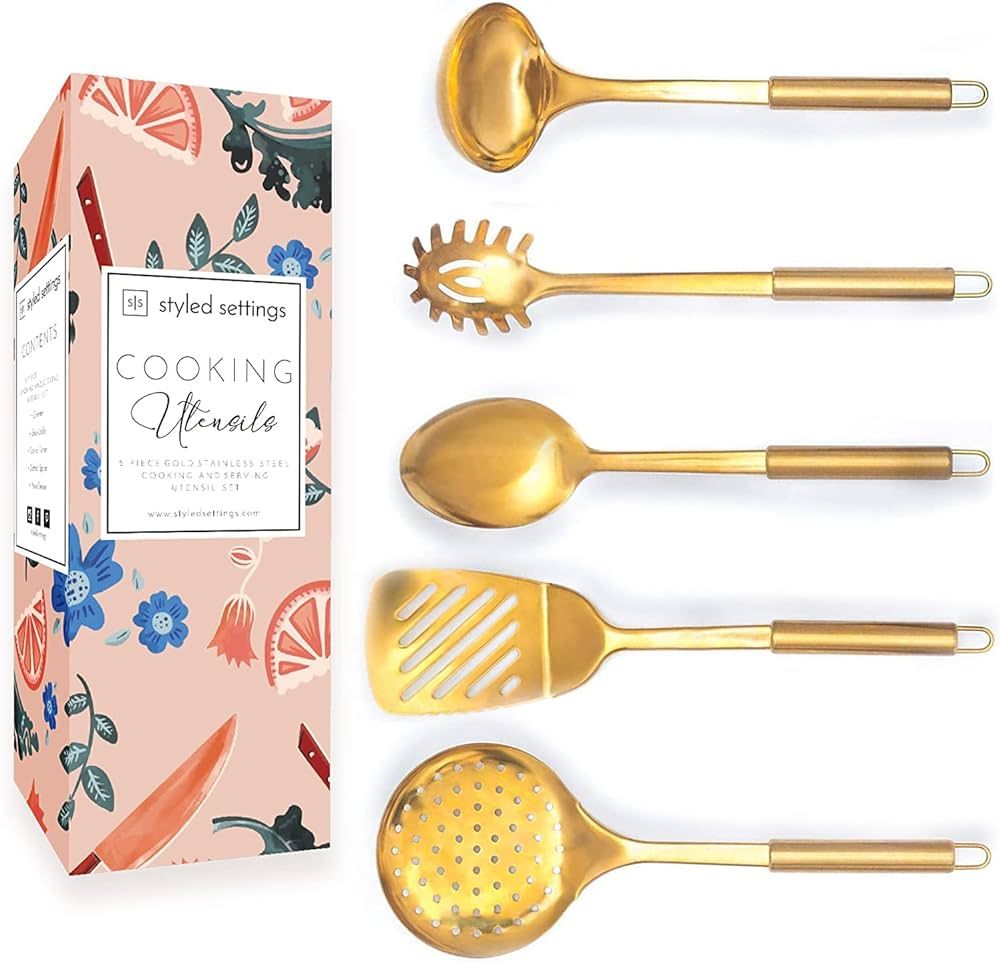Brass/Gold Cooking Utensils Set for Modern Cooking and Serving - 5 PC Dishwasher Safe Stainless S... | Amazon (US)