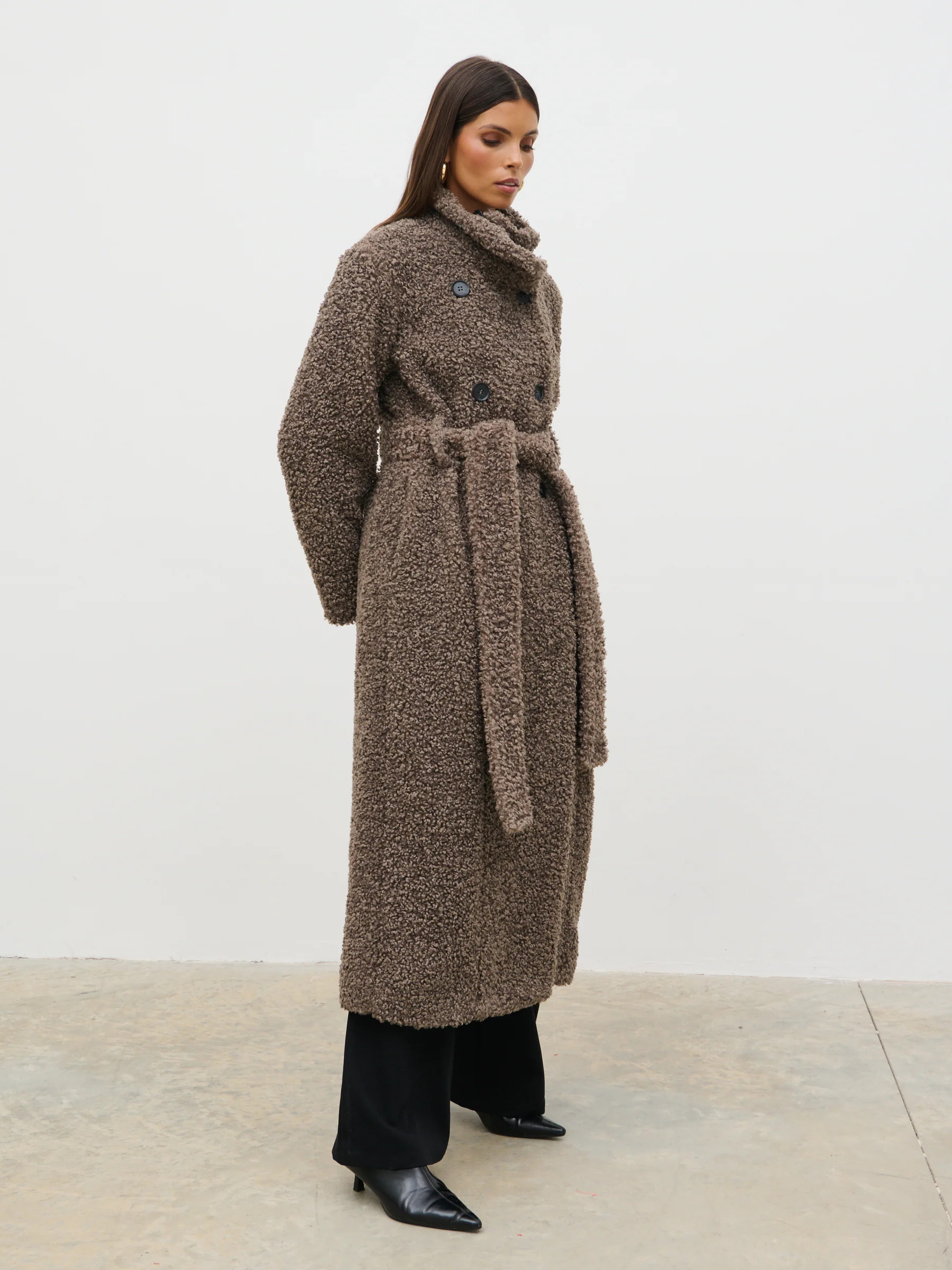 Atlas Boucle Funnel Neck Longline Coat | Pretty Lavish (UK)