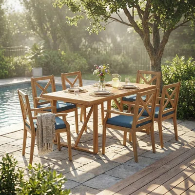 7 Pieces Acacia Wood Outdoor Dining Set with Cushions, Modern 6 Chairs and 1 Large Table for Lawn, Backyard, Garden Deck, Poolside | Wayfair North America