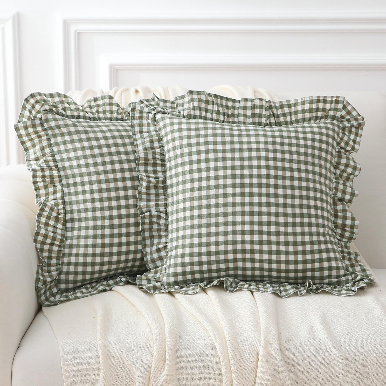 2 Pack Sage Green Plaid Ruffle Gingham Throw Pillow Covers, 100% Washed Cotton Checkered Farmhous... | Amazon (US)