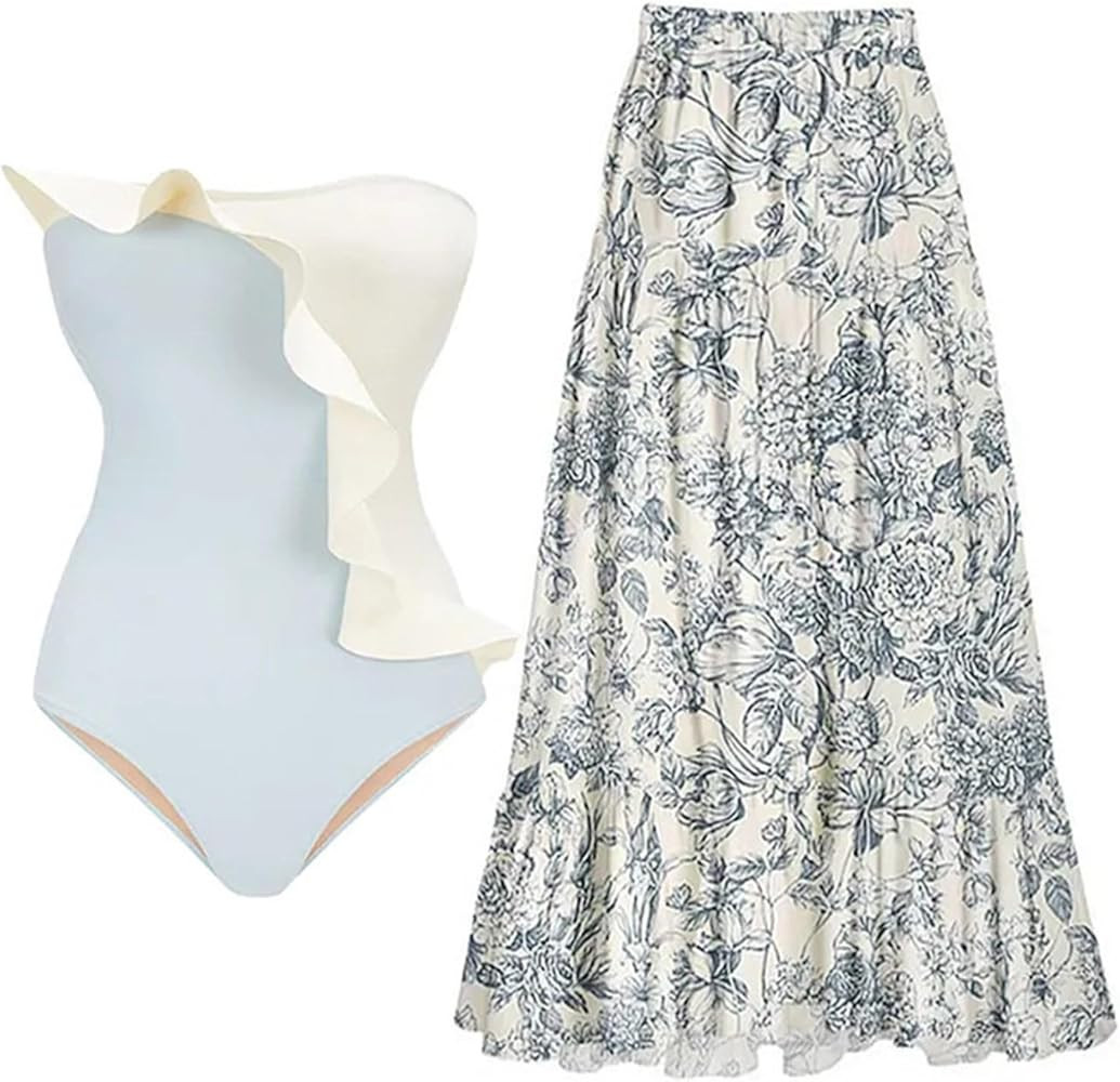 One Piece Swimsuit Women with Matching Wrap Skirt 2 Piece Vintage Floral Bathing Suits Tummy Cont... | Amazon (US)