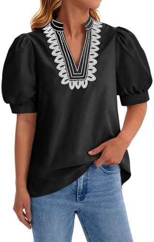 Cicy Bell Womens Puff Short Sleeve Blouses Summer Casual Dressy Embroidered V Neck Tops Loose Fit... | Amazon (US)