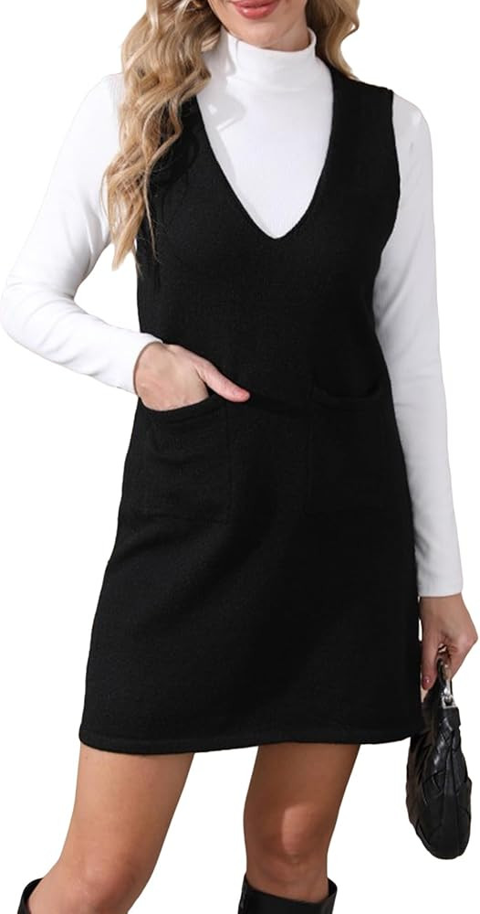 OYOANGLE Women's V Neck Sleeveless Knitted Solid Short Sweater Dress with Pockets | Amazon (US)