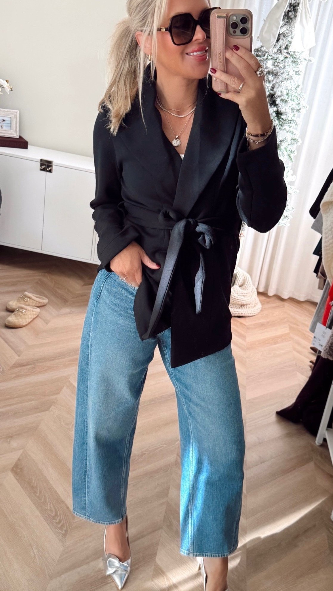 This blazer wrap!😍 beautiful and cozy! I’m wearing size small, regulars. SPANX new arrivals! 🤍 
new customers use: LILLIEXSPANX 

Work outfit. Jeans. Winter outfit. New Year’s Eve  

#LTKOver40 #LTKootd