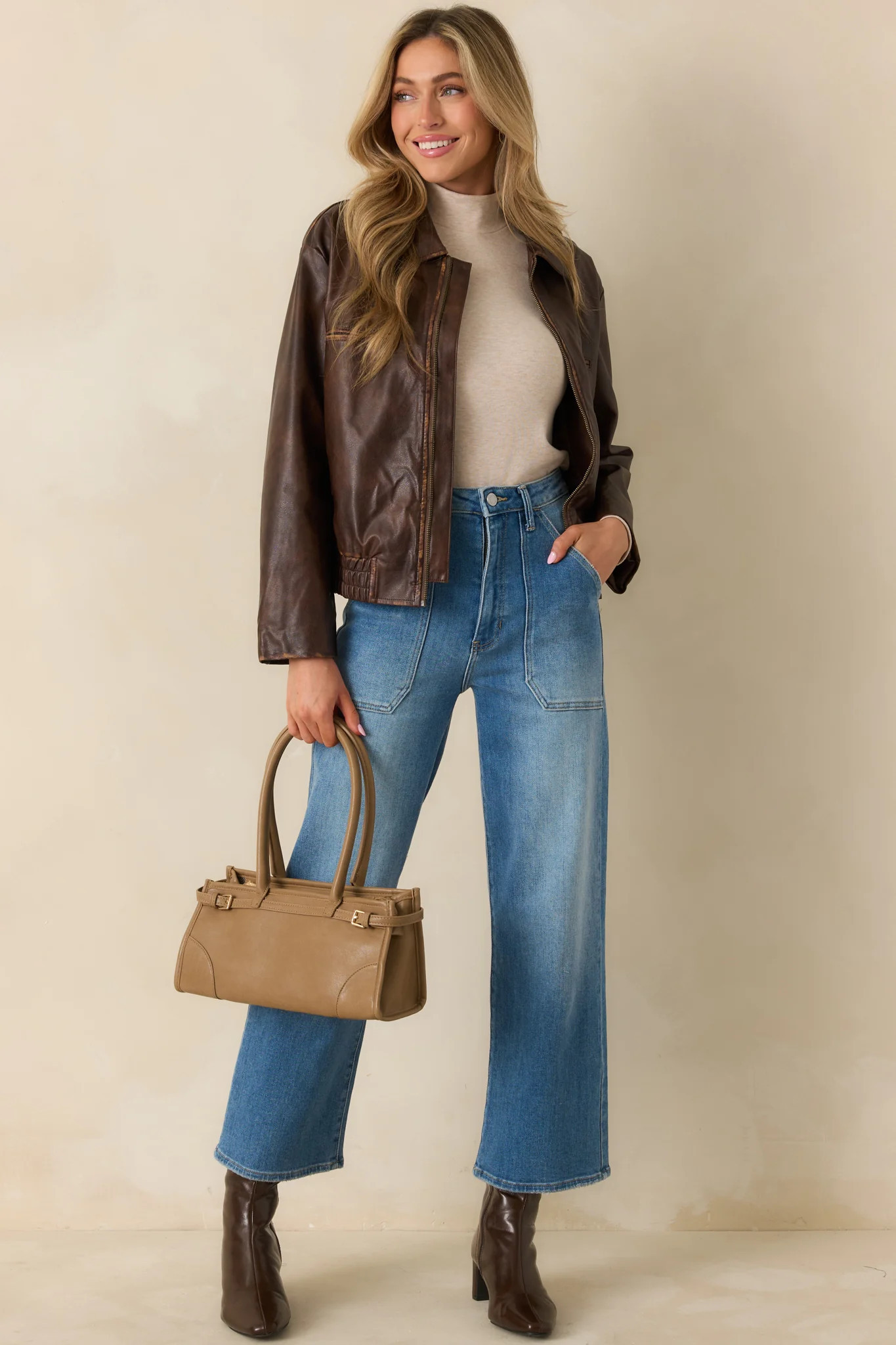 Rugged Reputation Brown Faux Distressed Leather Zip-Up Jacket | Red Dress