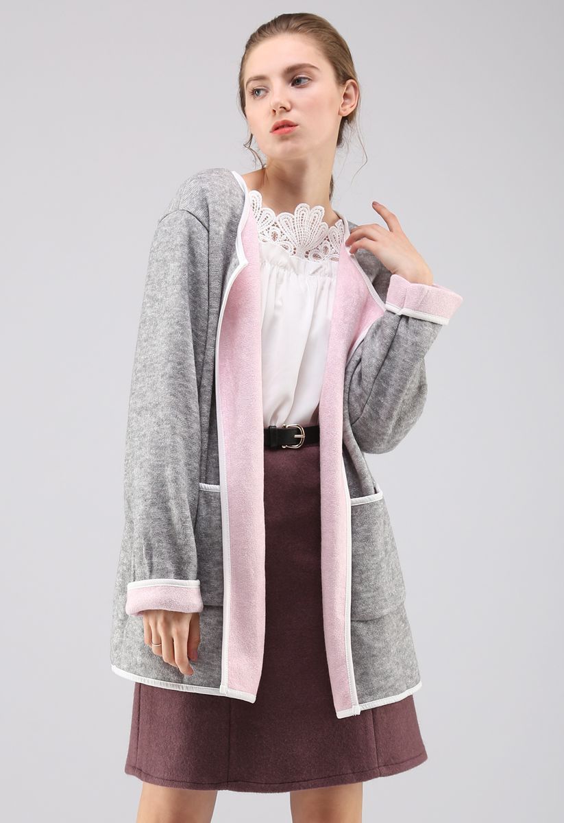 Comfy Contrast Open Front Knit Coat in Grey | Chicwish