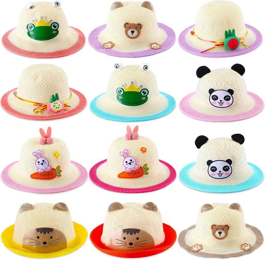 Newcotte 12 Pcs Girls Tea Party Hats Straw Hat Tea Party Hats for Little Girls Princess Bear Wavy... | Amazon (US)