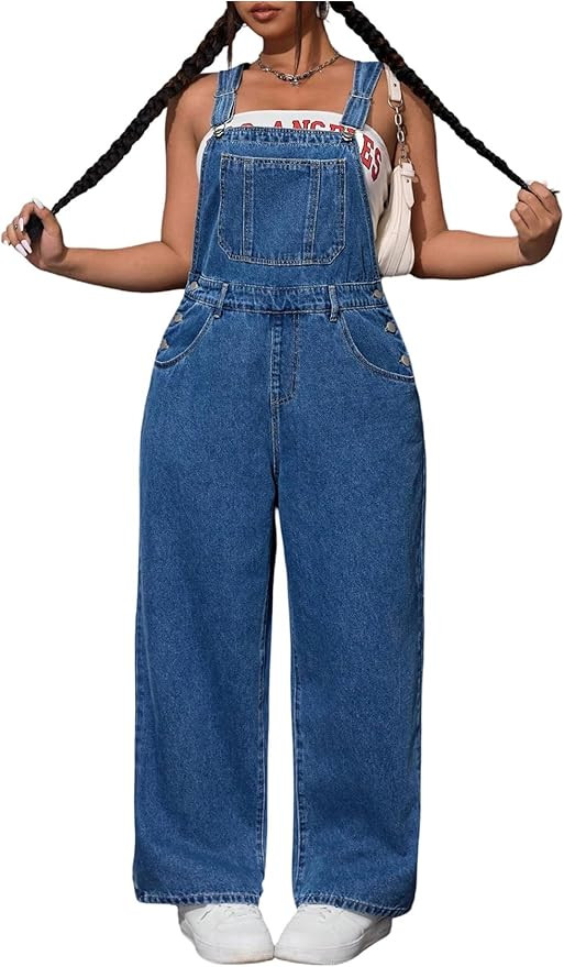 WDIRARA Women's Plus Size Denim Overall Straight Leg Jean Jumpsuit with Pockets | Amazon (US)