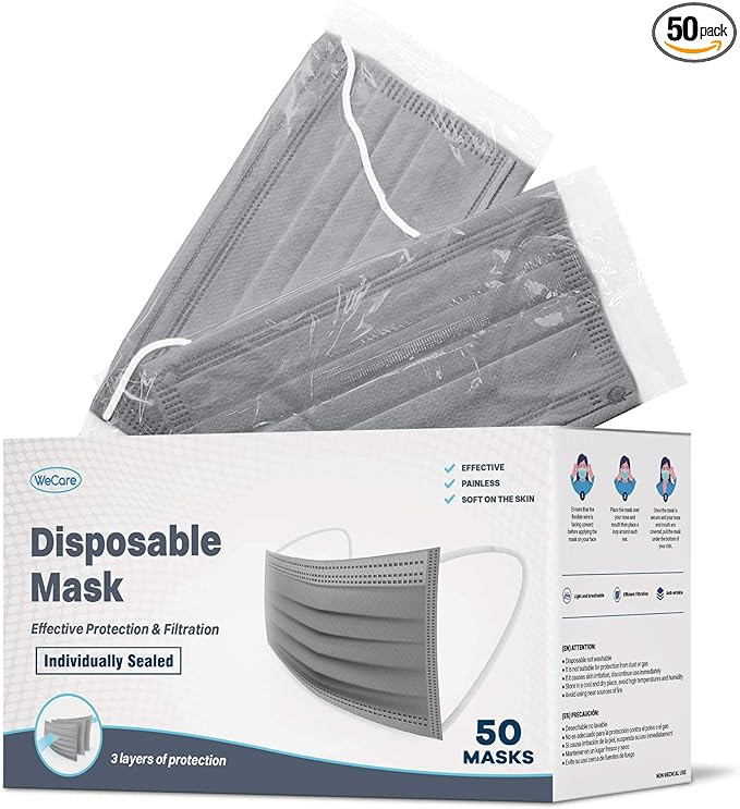 WeCare Disposable Face Mask Individually Wrapped - 50 Pack, Grey Face Masks - Soft on Skin - 3 Pl... | Amazon (US)