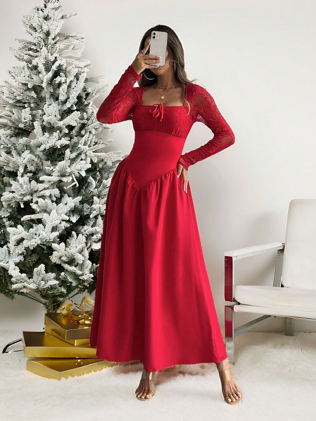SHEIN Privé Christmas Red Square Neck Lace-Up Vintage Lace Long Sleeve Dress For Women, Spring A... | SHEIN