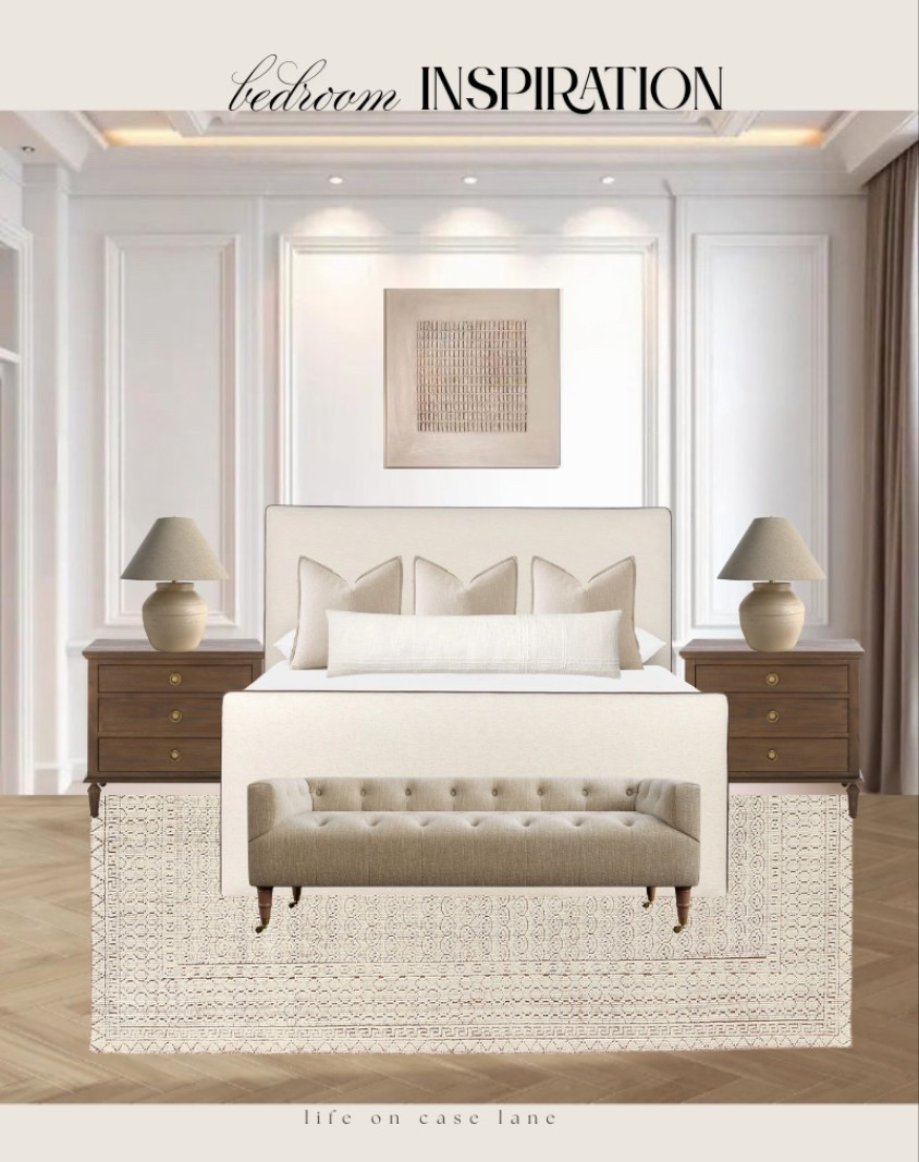 Neutral bedroom - bedroom decor, artwork, nightstand, table lamps, end of bed bench, upholstered bed 

#LTKHome #LTKSaleAlert