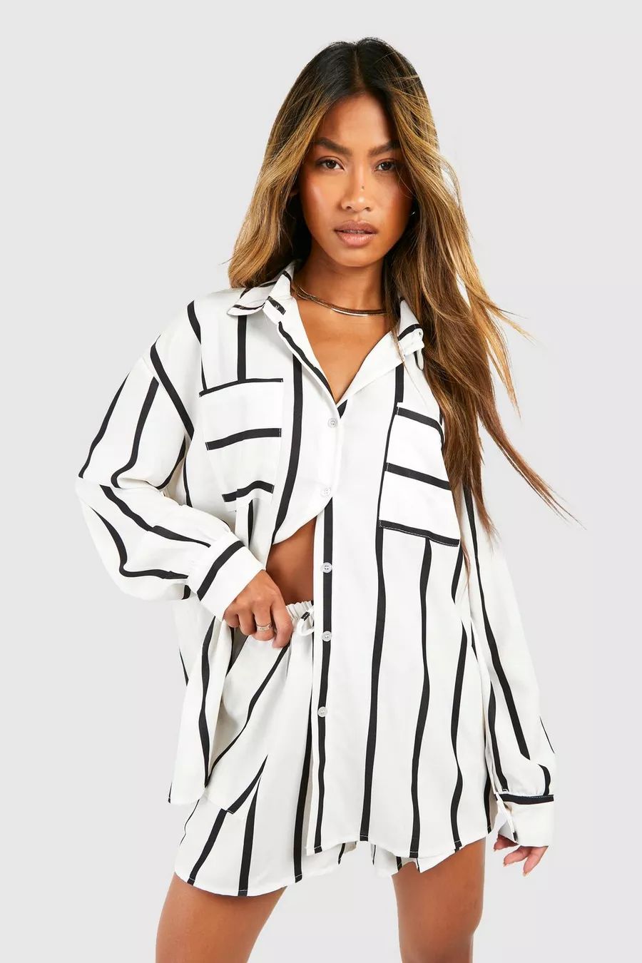 Hammered Mono Stripe Relaxed Fit Shirt | Boohoo.com (UK & IE)