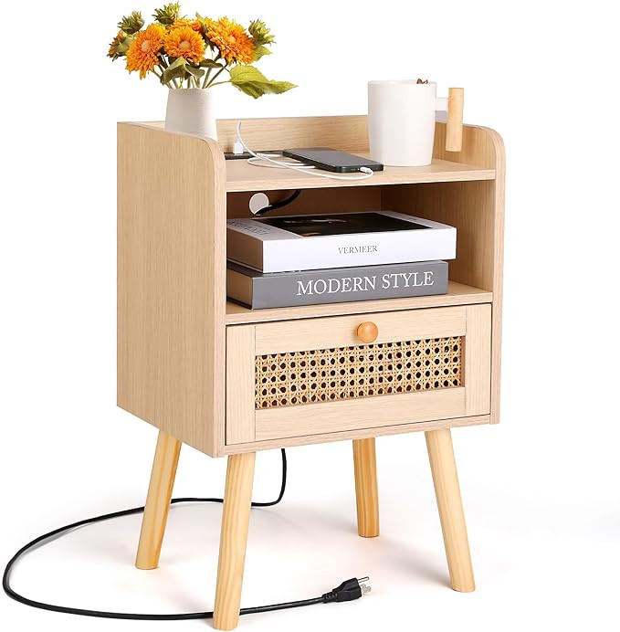 FlyGeneral Nightstand,Open Storage Bedside Table with Charging Stake and Rattan Decorative Drawer... | Amazon (US)