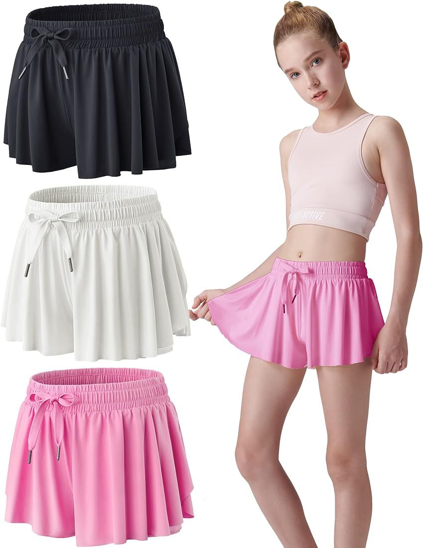 3 Pack Girls Flowy Shorts with Spandex Liner 2-in-1 Youth Butterfly Skirts for Fitness, Running, ... | Amazon (US)