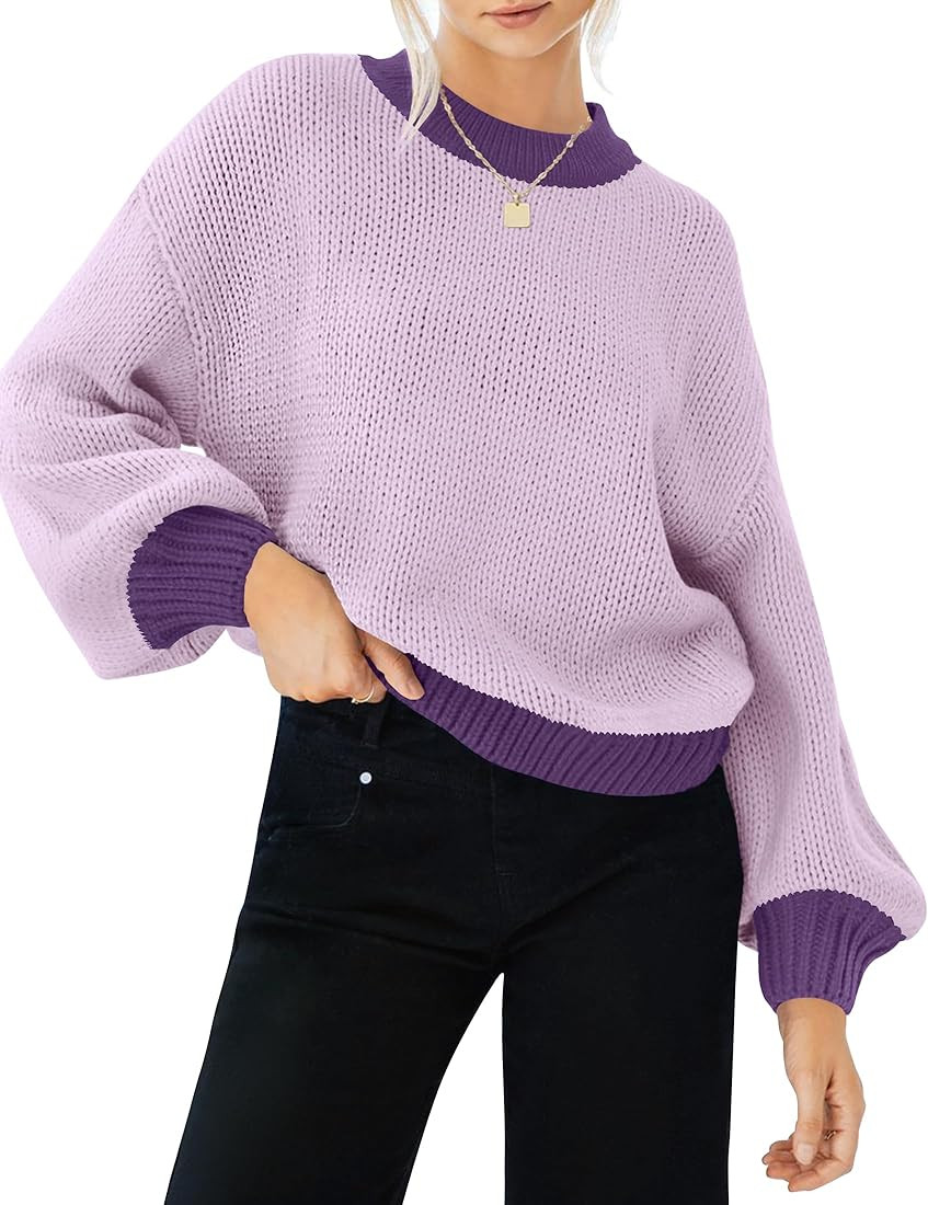 ZESICA Women's Casual Long Sleeve Crew Neck Pullover 2023 Fall Ribbed Knit Loose Contrast Color S... | Amazon (US)