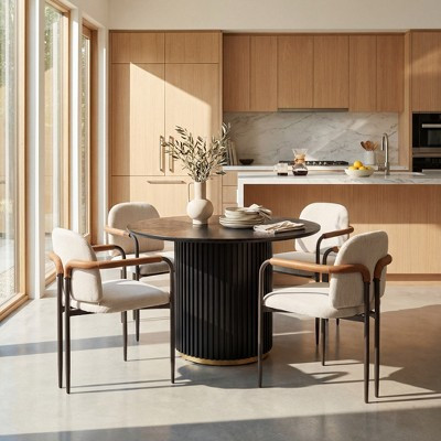 Christopher Knight Home Smita Modern 5 Piece Round Dining Table Set with 4 Iron Upholstered Chairs, Black/Beige | Target