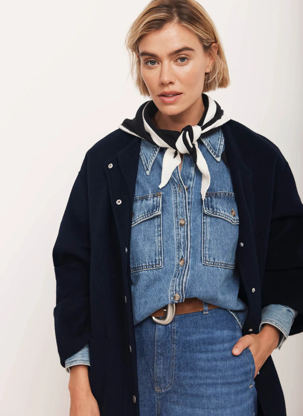 Navy Cotton Blend Triangle Knit Scarf | Mint Velvet