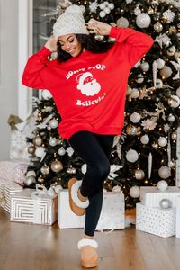Don’t Stop Believin Red Oversized Graphic Sweatshirt | Pink Lily