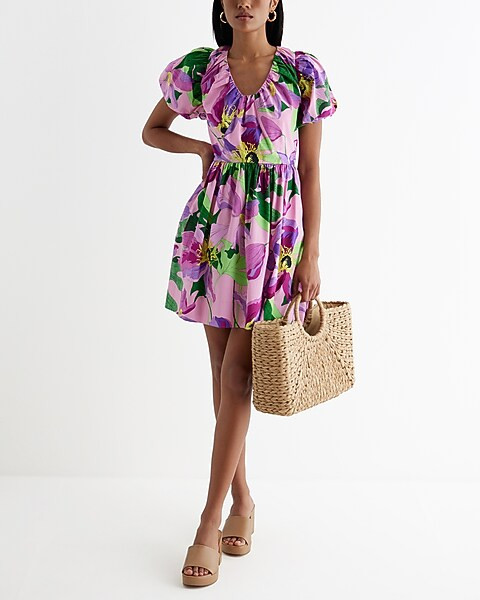 Floral V-neck Puff Sleeve Poplin Mini Dress | Express
