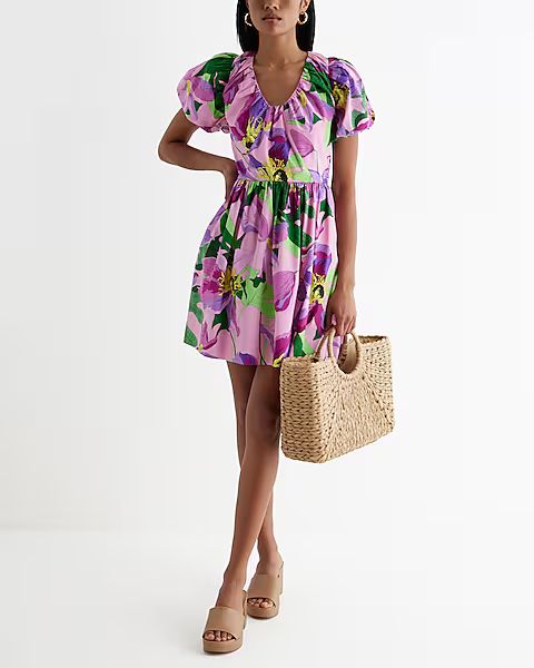 Floral V-Neck Puff Sleeve Poplin Mini Dress | Express